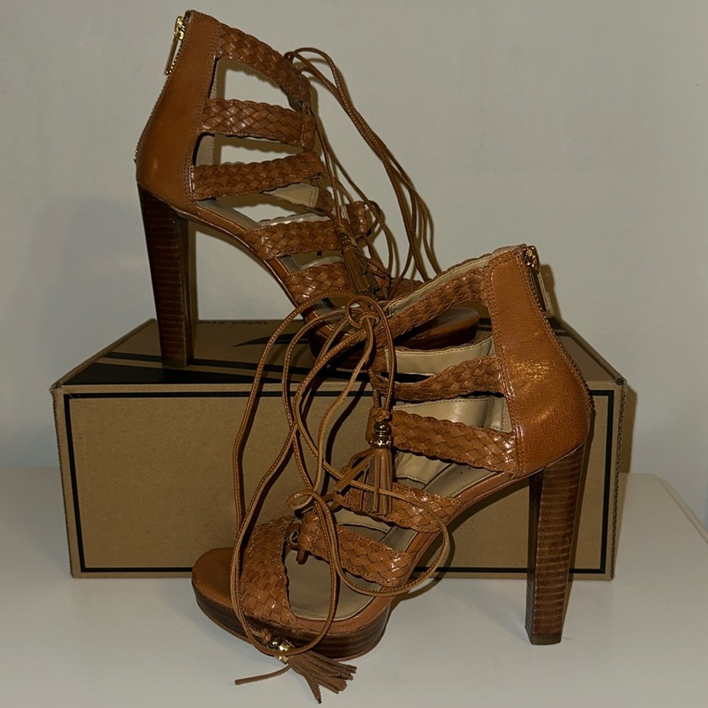 Michael by Michael Kors Brown Woven Lace Up Heeled Open Toe, Size 7.5